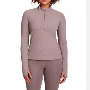 Reebok Women's Mauve beige Long Sleeve ribbed fitted 1/4 zip Top small athletic
